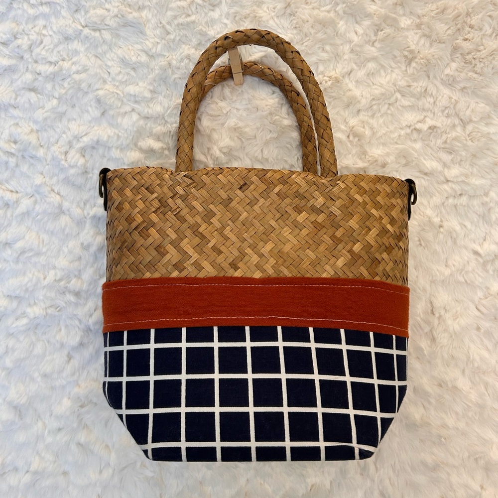 Woven Straw & Navy Grid Tote Bag with Rust Accent